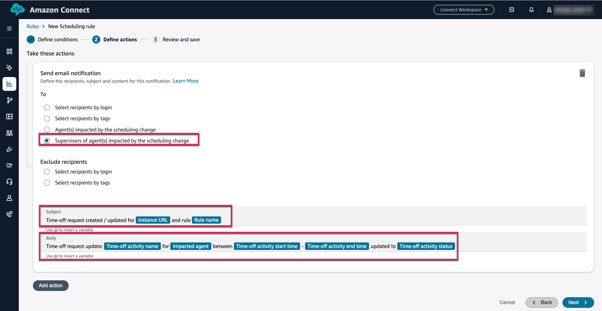Email action configured with time-off tokens and Supervisors selected as recipients