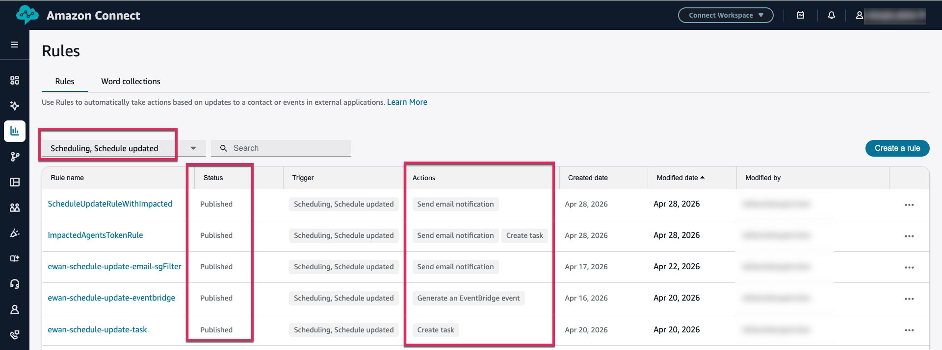 Rules page showing list of published scheduling notification rules with status, trigger, and actions columns