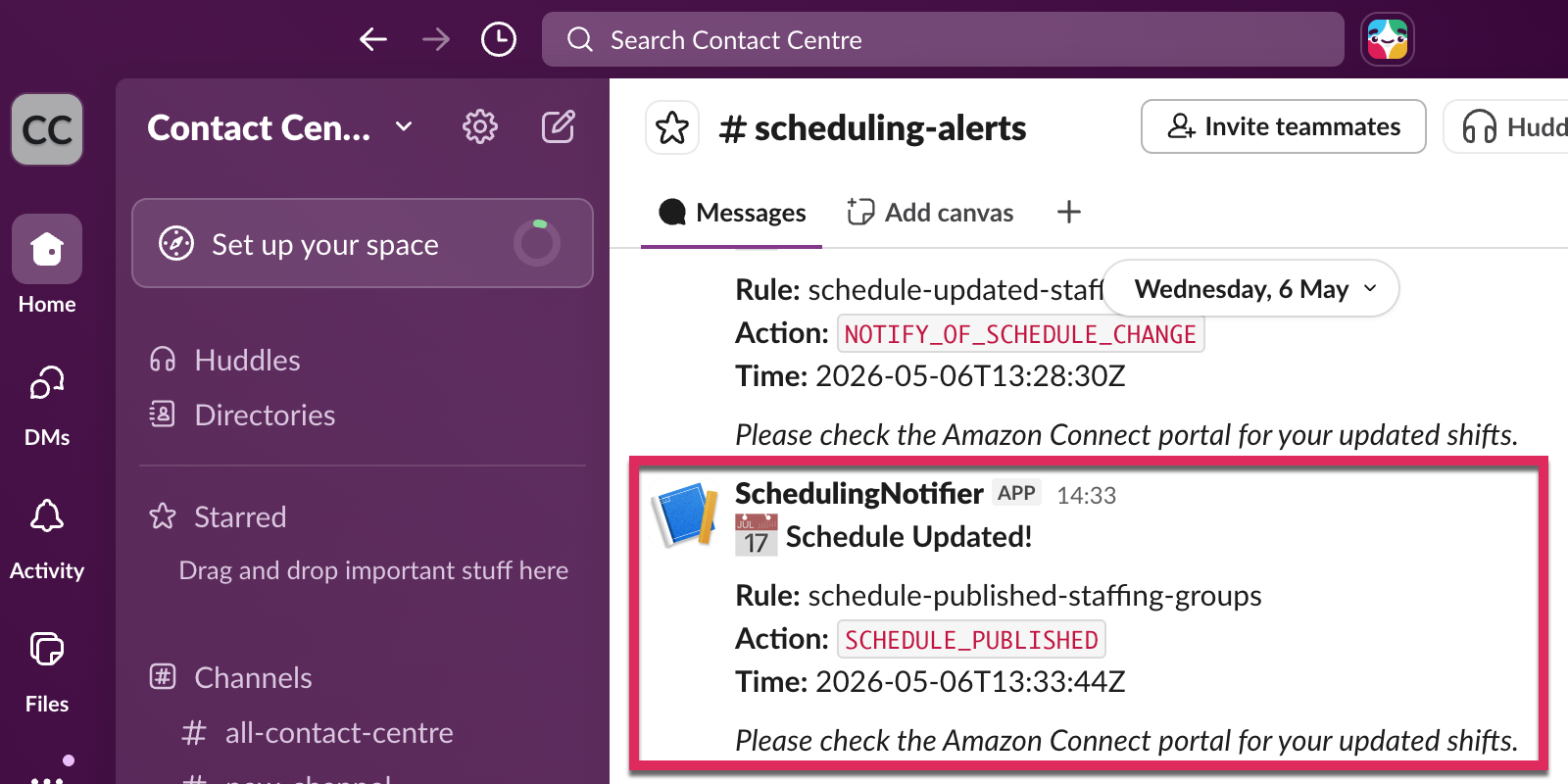 Slack channel showing scheduling notification alert message with rule name, action, and time details