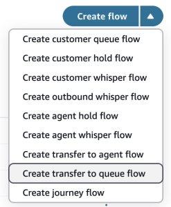 Amazon Connect contact flow creation showing the Transfer to queue flow type selection