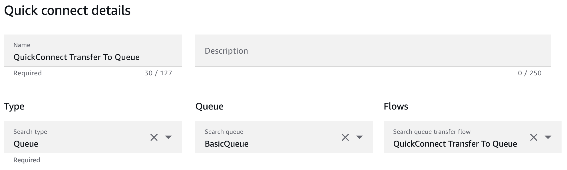 Amazon Connect quick connect configuration specifying queue type with queue and contact flow settings