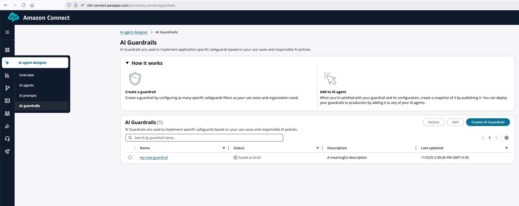 Amazon Connect AI Designer with AI guardrails selected