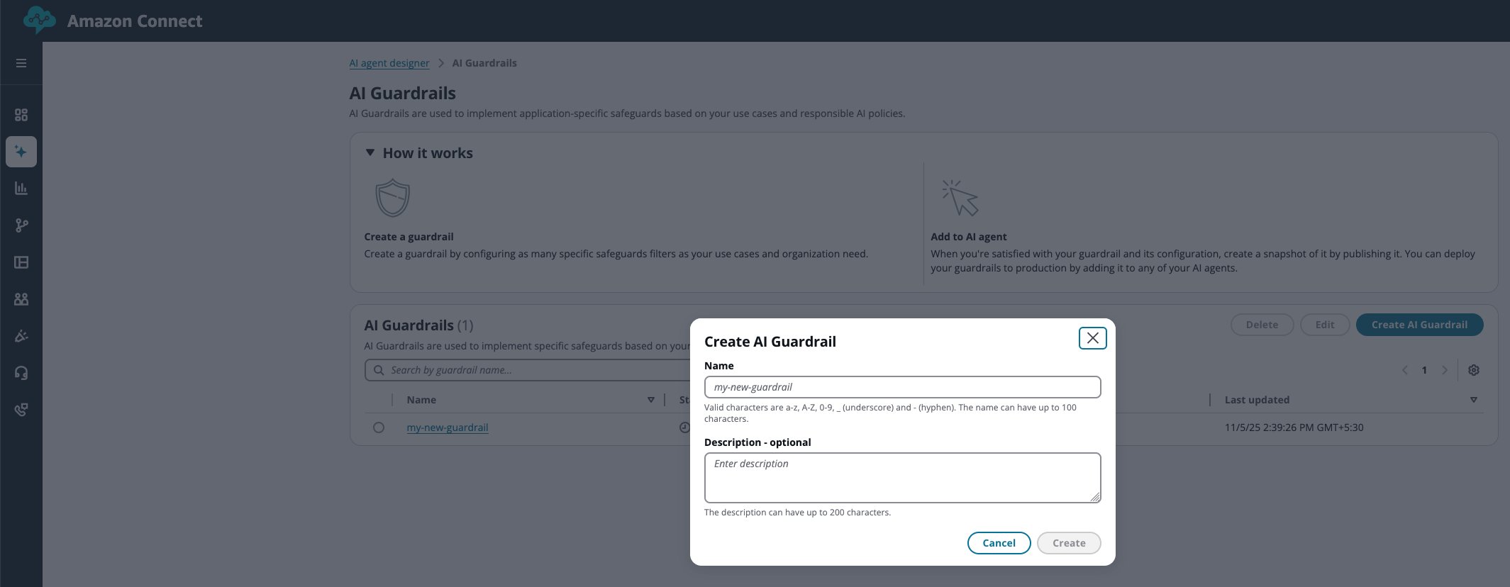 Create AI guardrail dialog with name and description fields