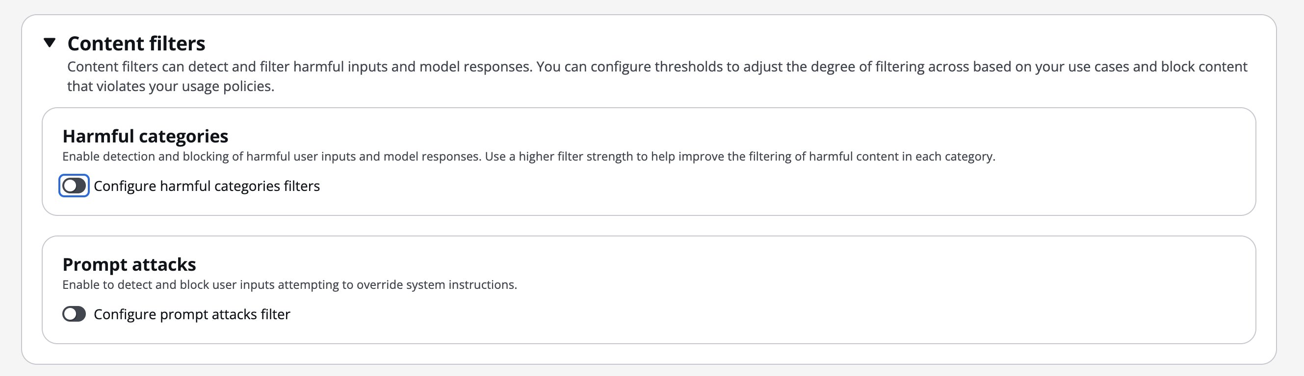 Content filters harmful categories configured for prompts