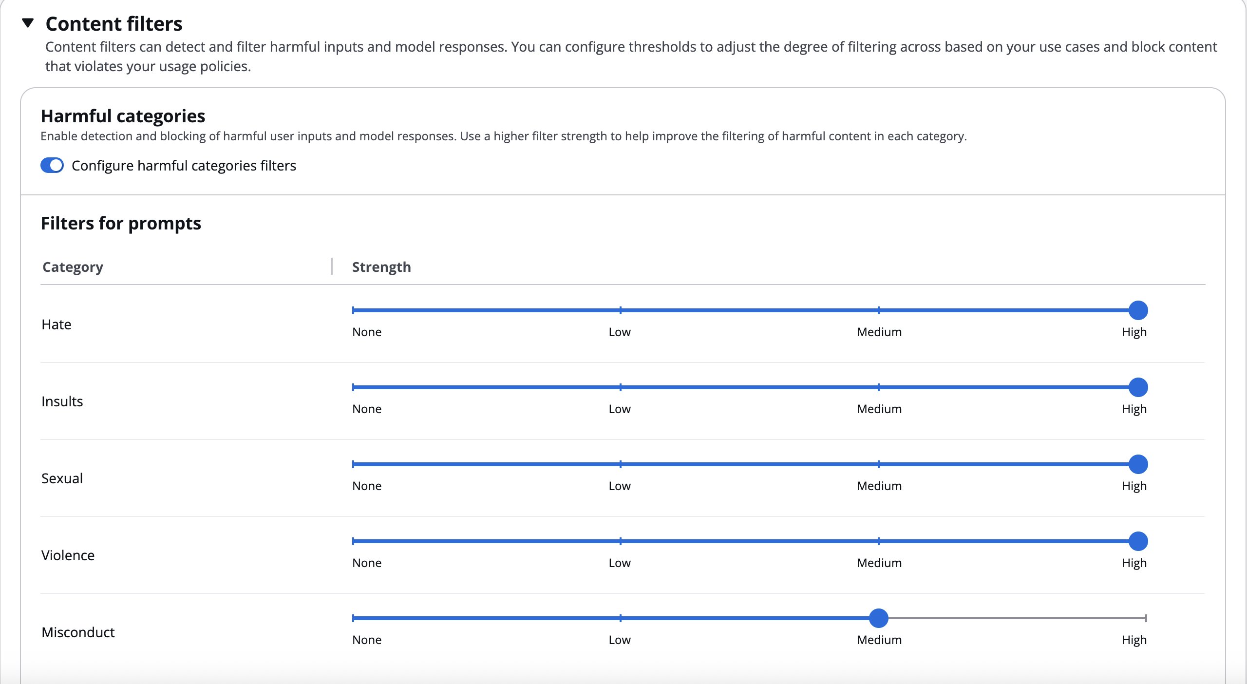 Content filters harmful categories configured for responses