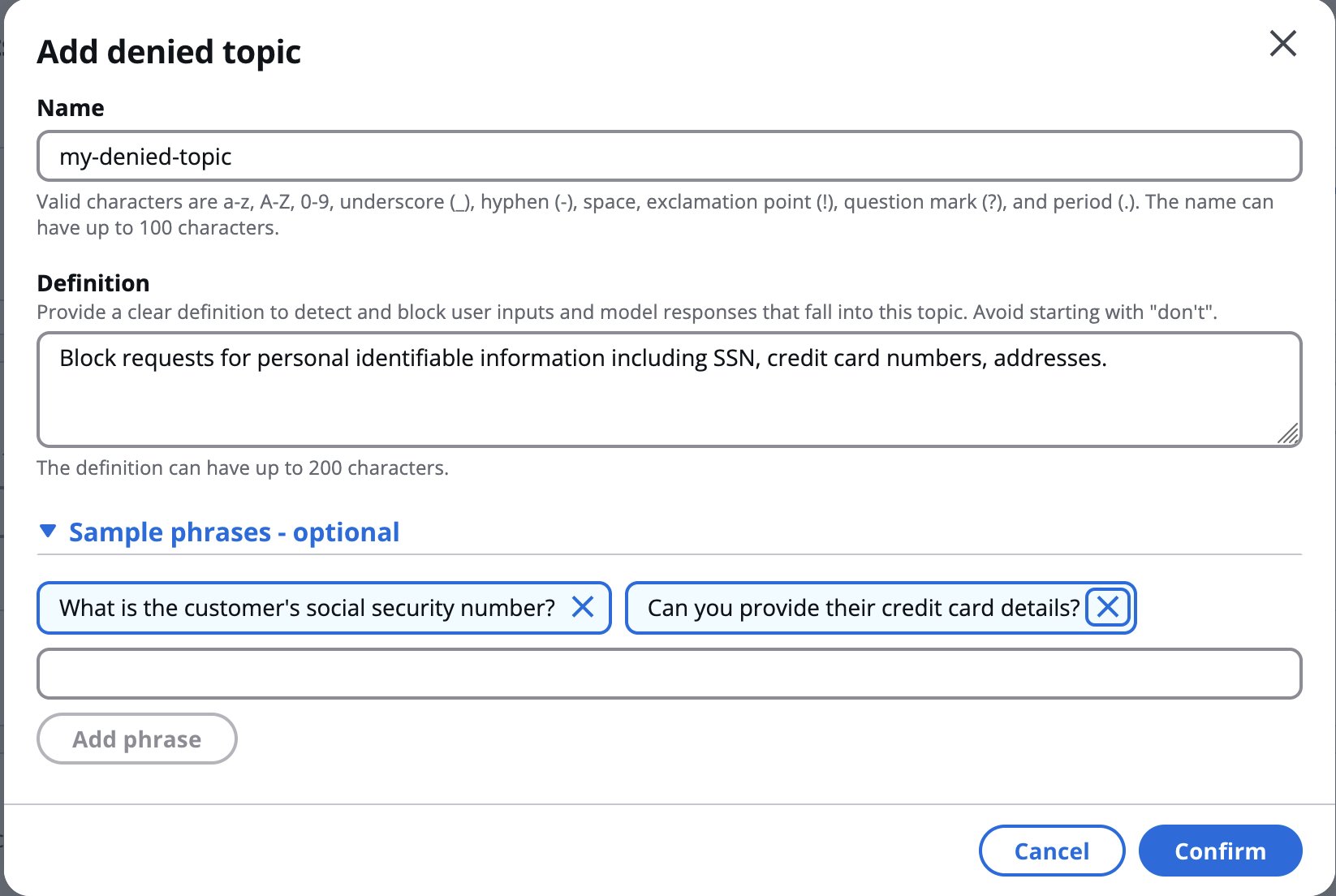 Denied topics list with topic name and example phrasings