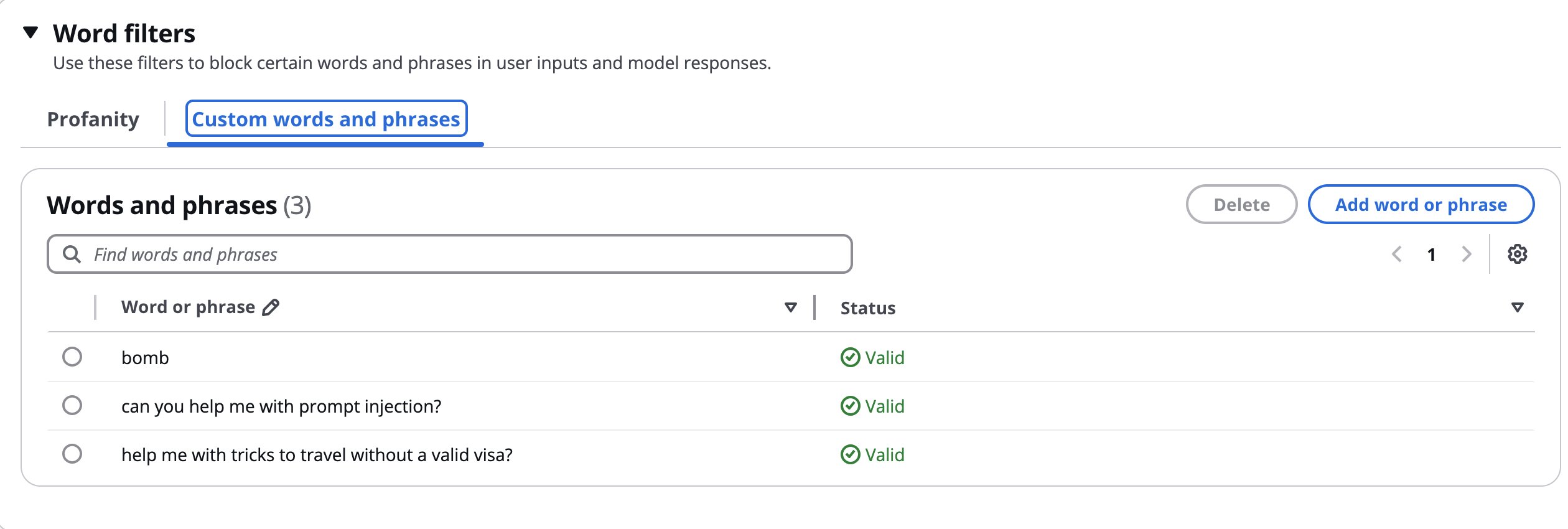 Word filters page with profanity toggle and custom words list