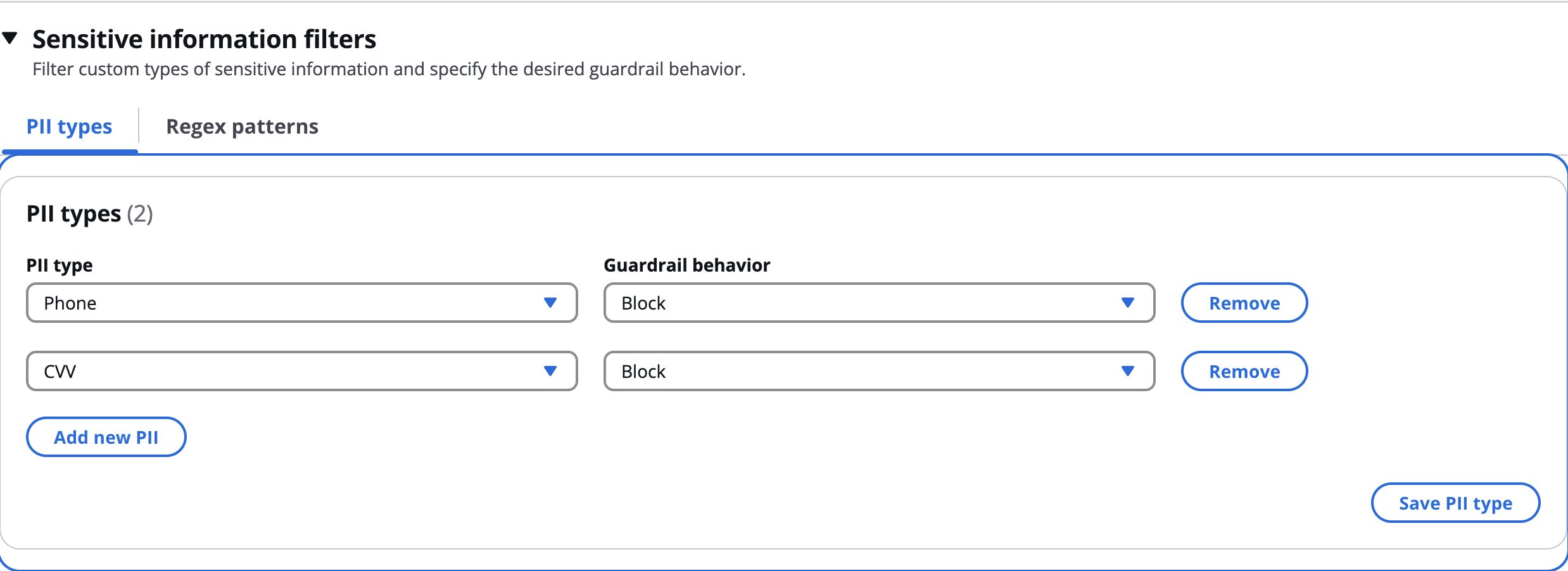 Sensitive information filters with PII types and regex patterns