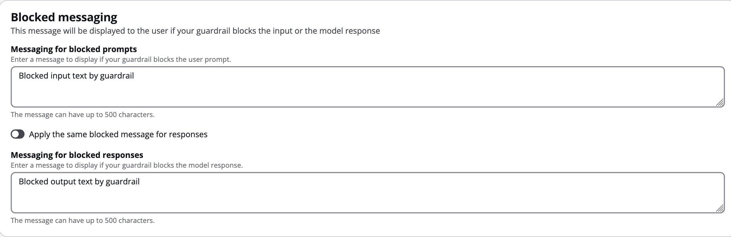 Blocked messaging with blocked prompt and blocked response text fields