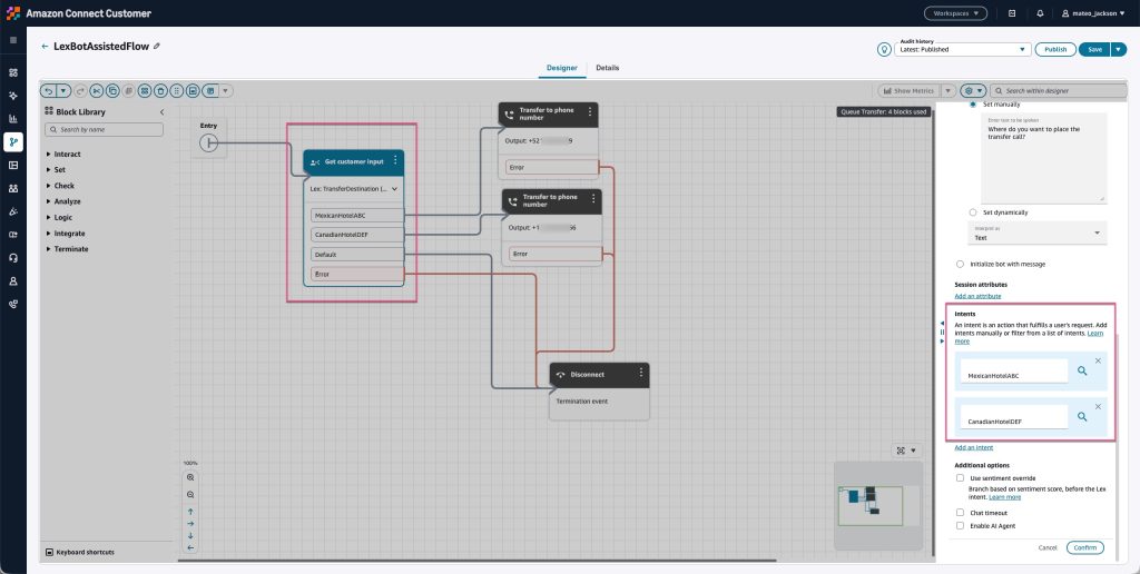 Figure 10: Define branches based on Lex bot intents