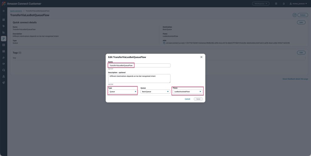 Figure 11: Create a quick connect of type queue and associate a flow