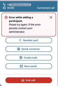 Figure 6: Error message when the inbound queue has no Caller ID configured and the agent initiates a transfer