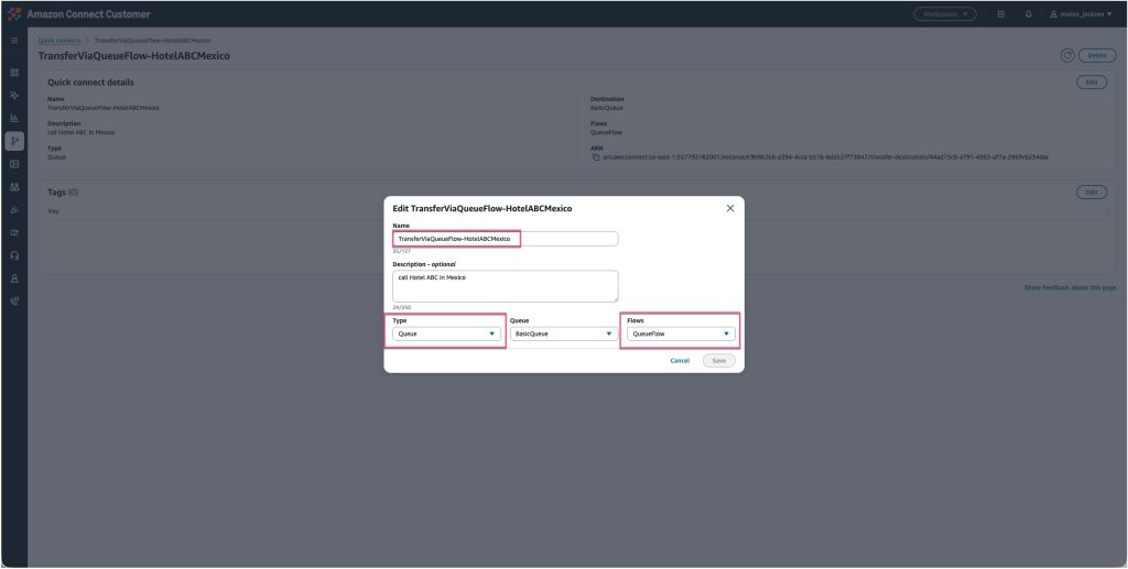 Figure 9: Create a quick connect of type queue and associate a flow