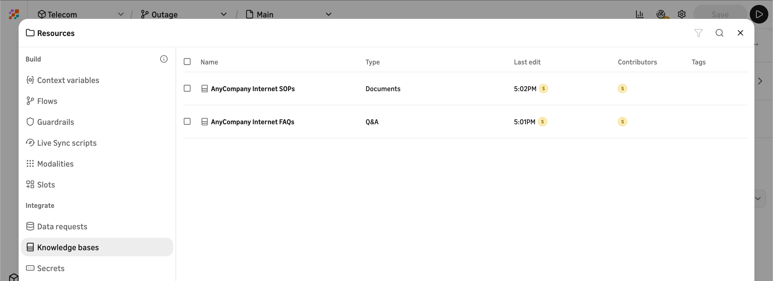Screenshot of the knowledge configuration — Q&A entries alongside a document upload for the outage procedure