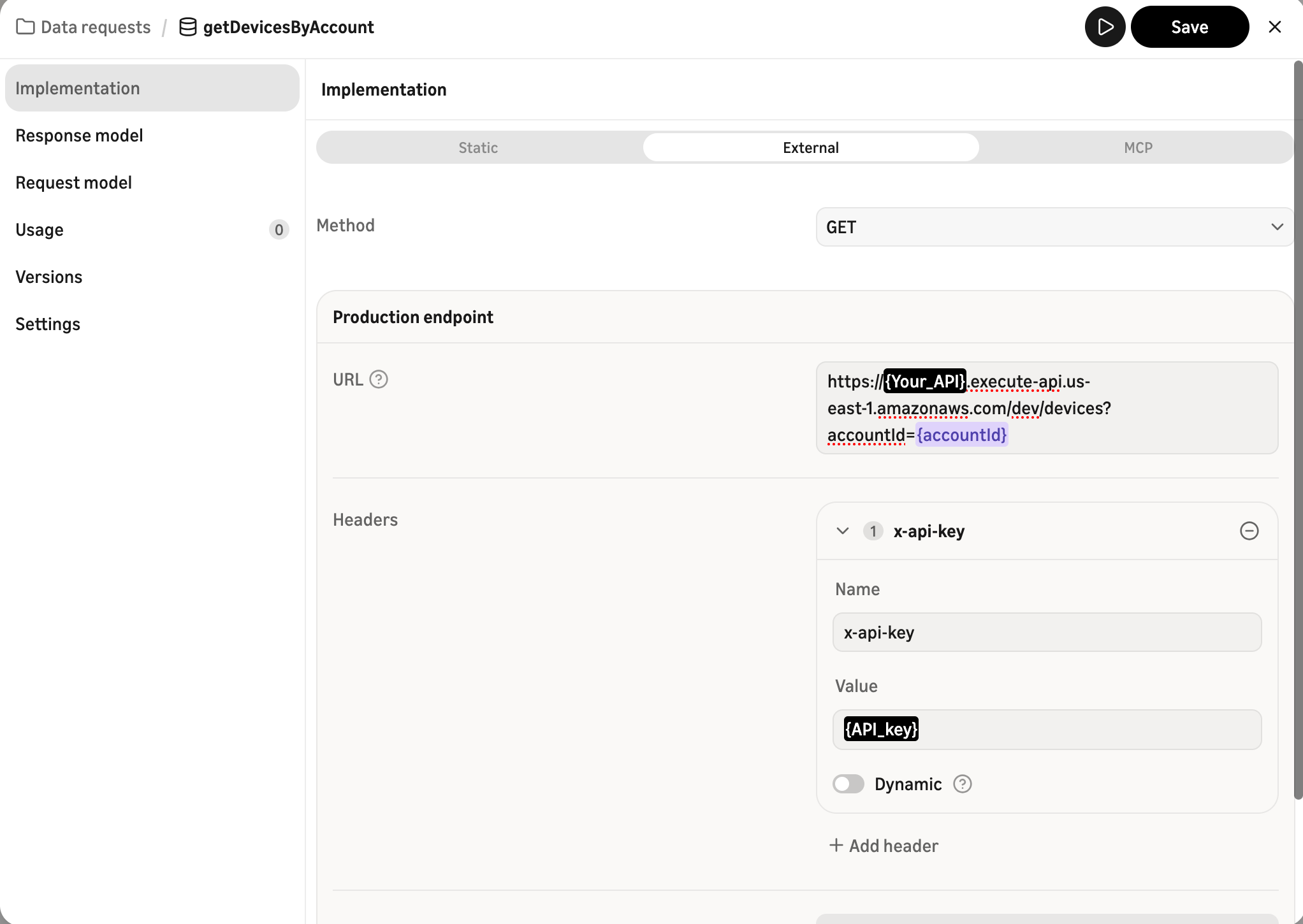 Screenshot showing a data request configuration