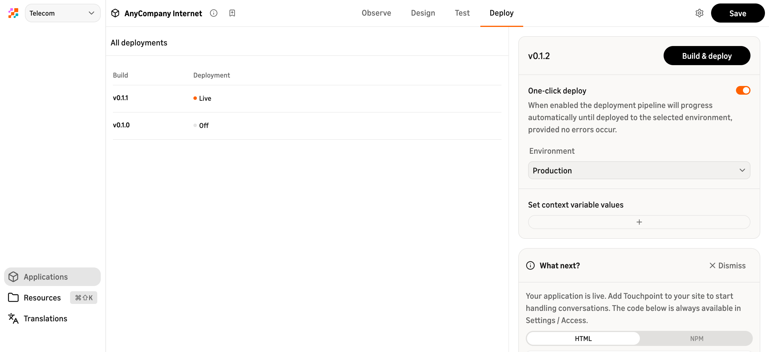 Screenshot of the applicationdeploy tab showing build history, and the deploy actions.