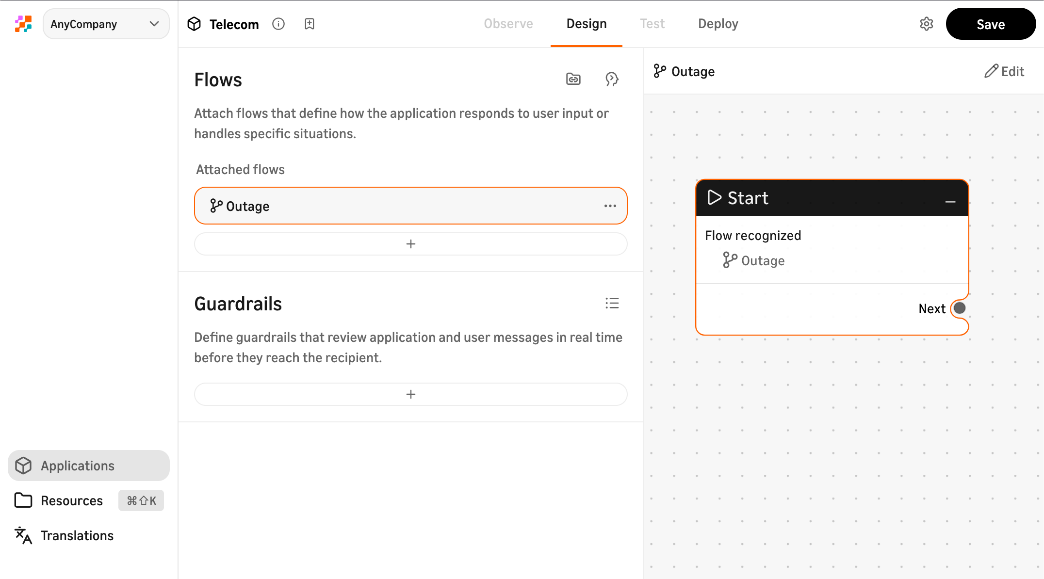 Screenshot of a new application on a blank canvas in agentic CX designer