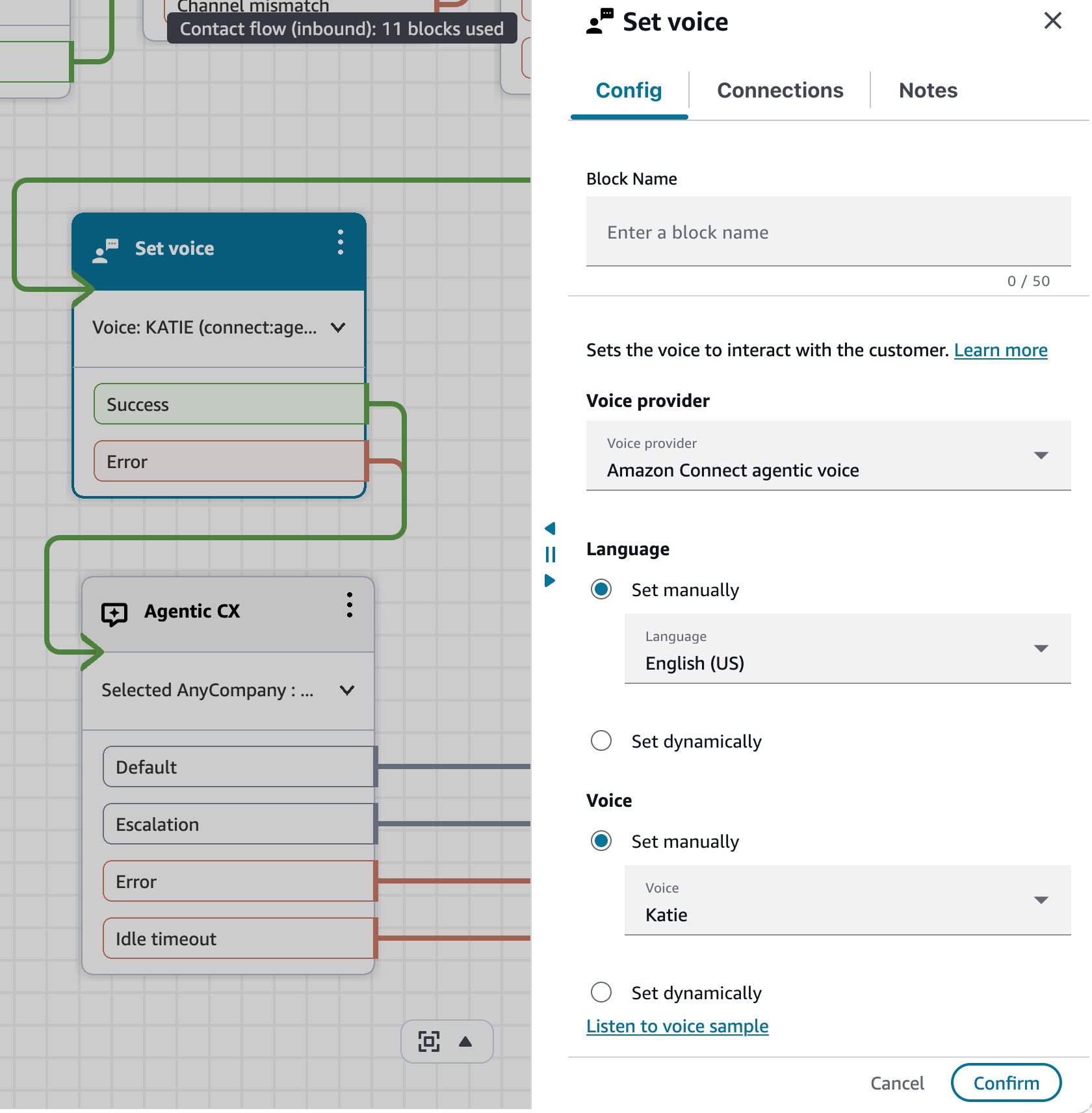 Screenshot of the Set Voice block in the Connect Customer flow, alongside the agentic voice settings
