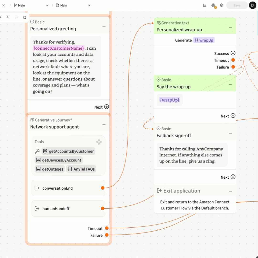 Animation showing the inline test chat and debugging, opening a data request performed by a generative journey