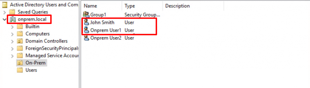 Screenshot of on-premises Active Directory (onprem.local) 
