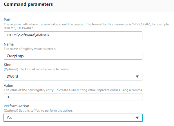 The name of the registry value to create is set to CrazyLogs. The kind of registry value to create is set to DWord. The value of the new registry entry is set to zero. The Perform Action parameter is set to Yes