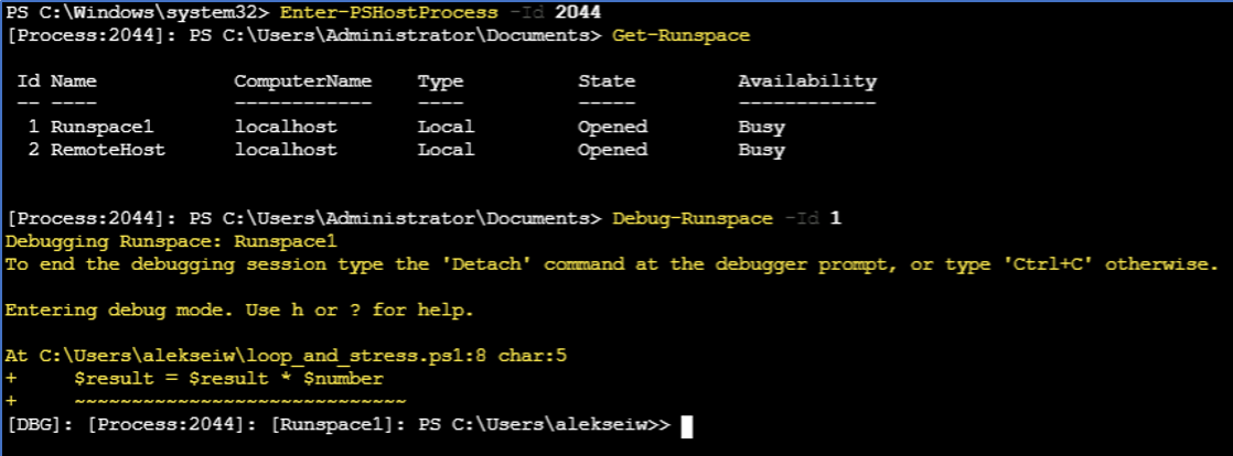 Output of PowerShell commands, Enter-PSHostProcess, Get-Runspace, and Debug-Runspace, displays the name and location of the script consuming much of the CPU.