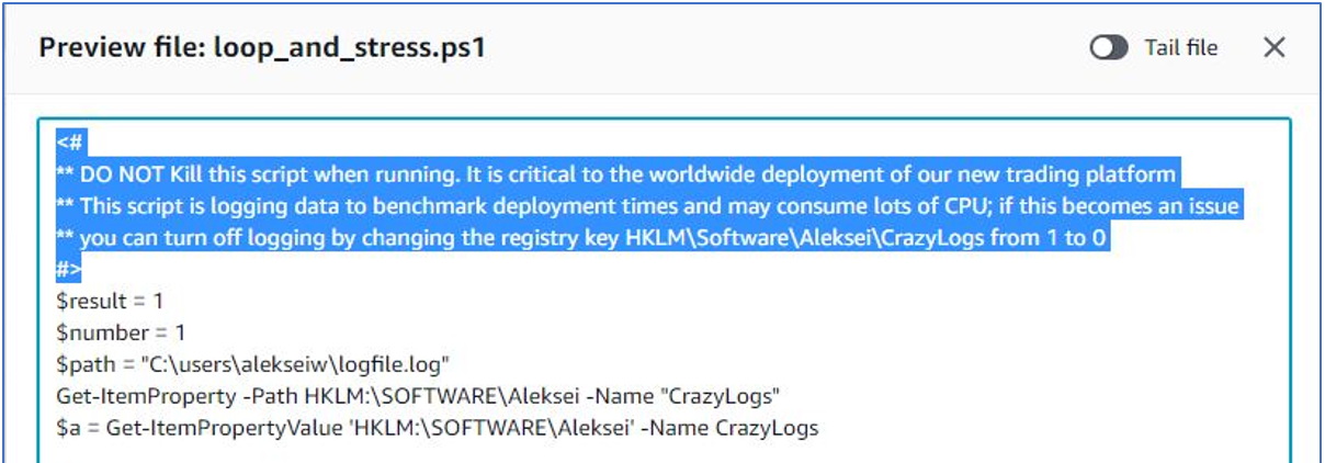 The script author commented their code: Do not stop this script when running. It is critical to the worldwide deployment of our new trading platform. This script is logging data to benchmark deployment times and may consume high CPU. If this becomes an issue, you can turn off logging by changing the registry key from one to zero