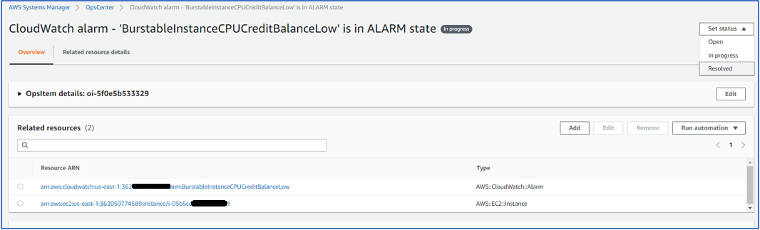 The status of the OpsItem created by the BurstableInstanceCPUCreditBalanceLow alarm is set to Resolved