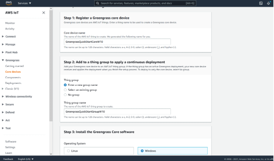 AWS IoT Greengrass installation in the console showing the installation steps.