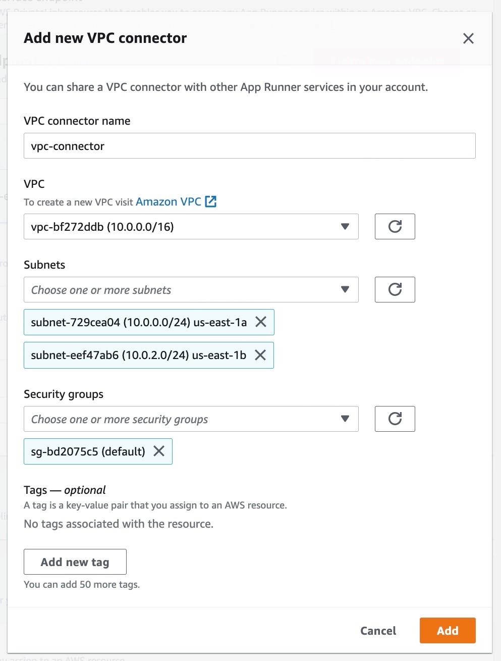 図 18: App Runner サービスのための新しい VPC コネクタを作成しているコンソールのスクリーンショット