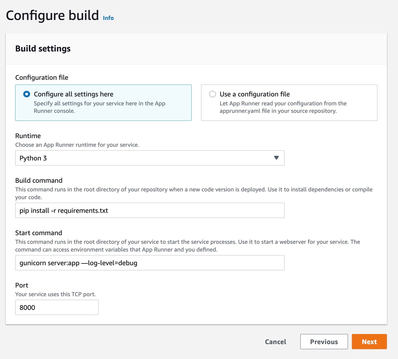 図 14: App Runner サービスの Runtime、Build command、Start command を設定しているコンソールのスクリーンショット