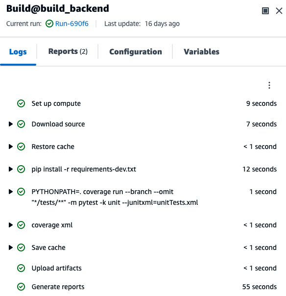 図3. pip、pytest、coverage を含むビルドアクションからのログ