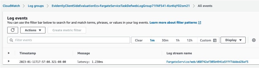 CloudWatch Logs for the Amazon ECS task showing an EvaluateFeature latency of 1.238 milliseconds