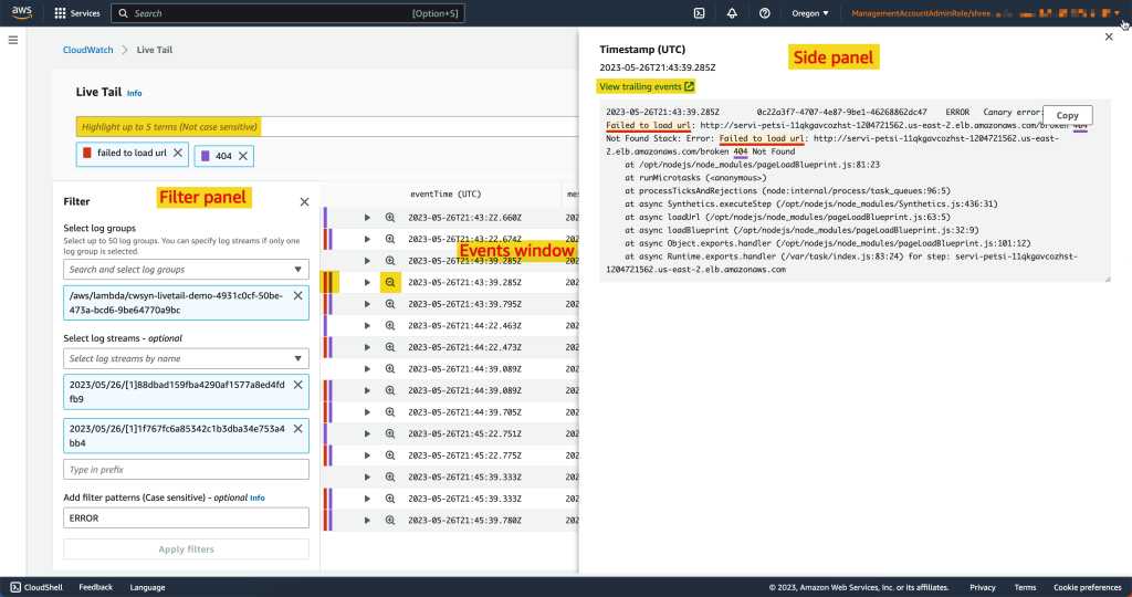 Figure 2 — Live Tail console showing expanded side panel on event selection