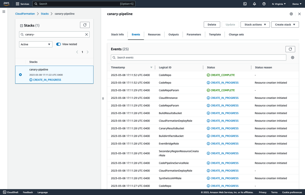 List of CloudFormation stack creation events