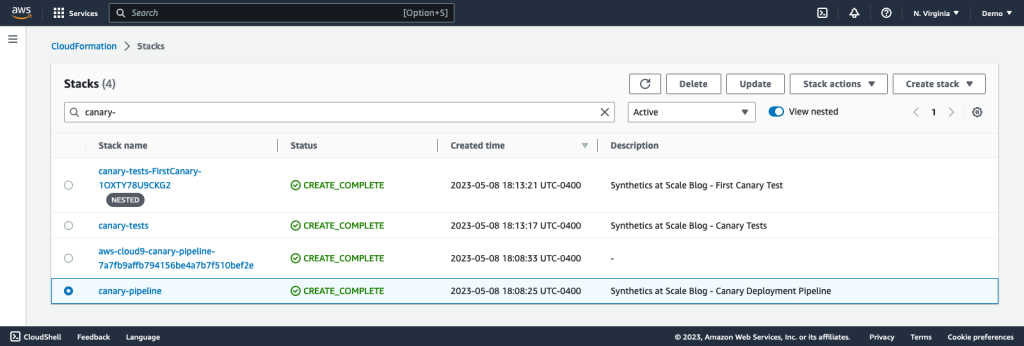 CloudFormation stack list including canary pipeline and canary tests stacks