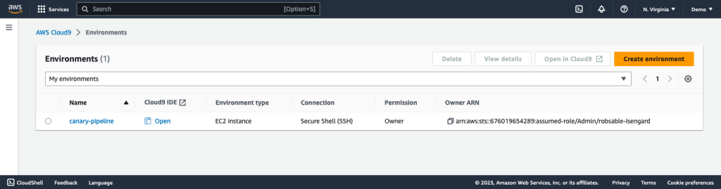 Cloud9 IDE environments list