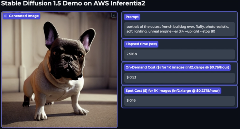 generated image of french bulldog, generated with 2.516 seconds on Inferentia 2