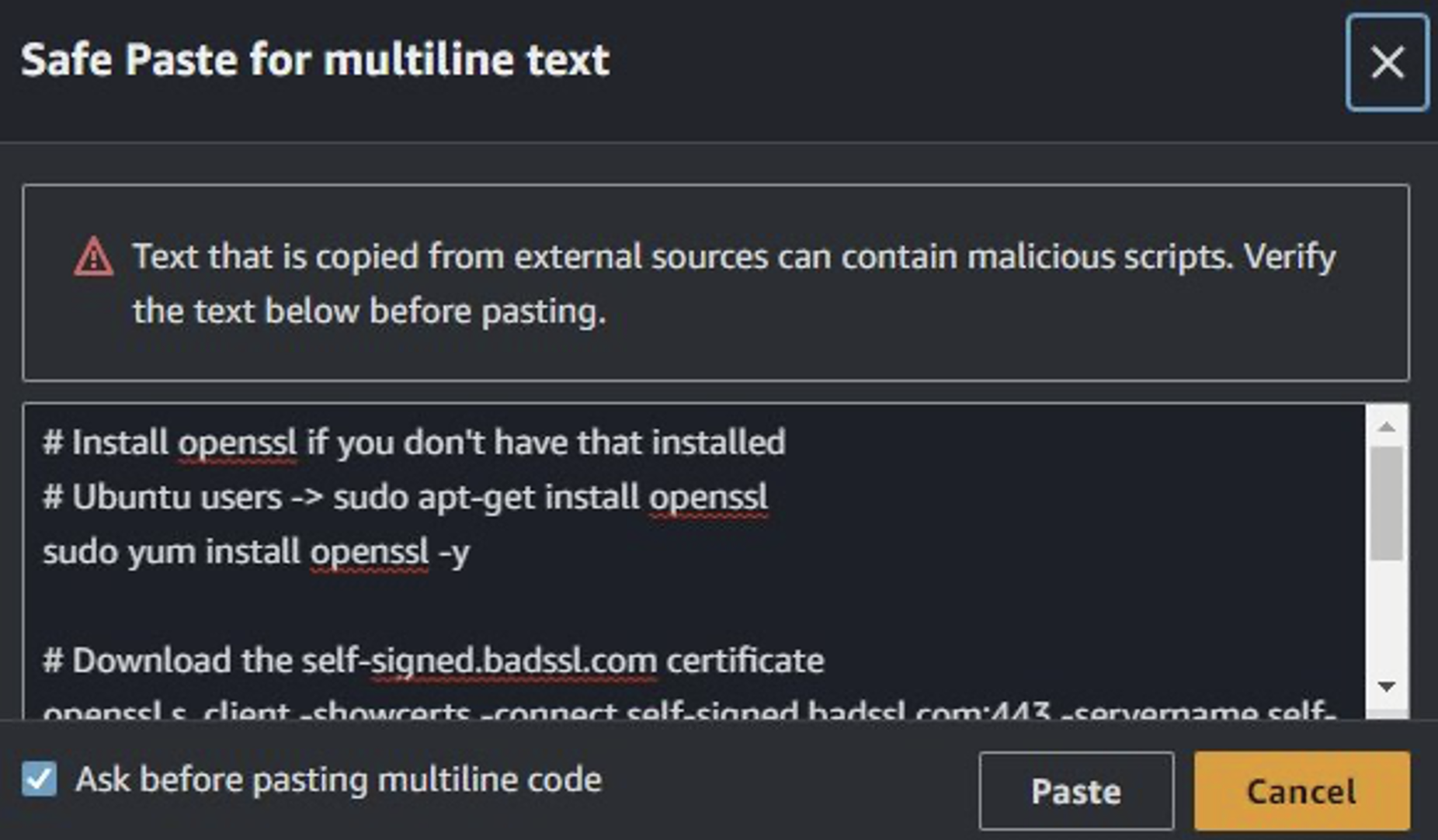 CloudShell popup to paste multi-line text