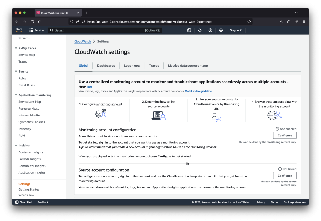 Figure 2: the settings page for the CloudWatch service