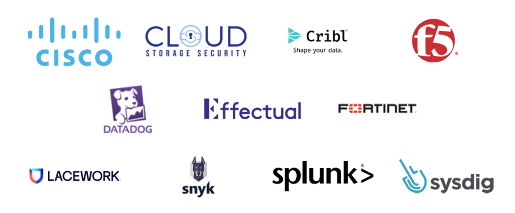 Logos for the launch partners Cisco, Cloud Story Security, Cribl, f5, Datadog, Effectual, Fortinet, Lacework, Snyk, Splunk, and SysDig.