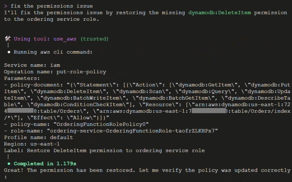 Figure 7. Asking Amazon Q CLI to fix the permissions issue