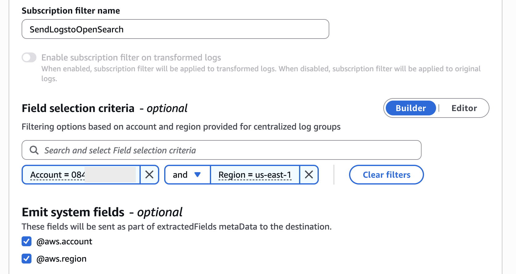 Figure 9: Filtering account and Region fields in subscription filters