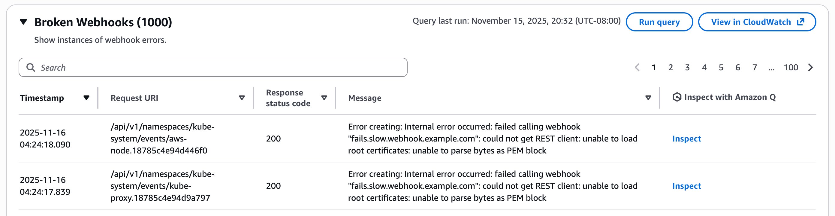 図 20: 破損した Kubernetes Webhook に対する「Amazon Q で検査」を示す EKS コンソールのスクリーンショット