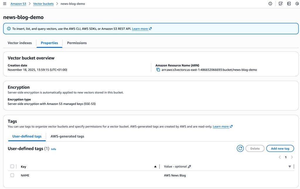 S3 Vector console - properties