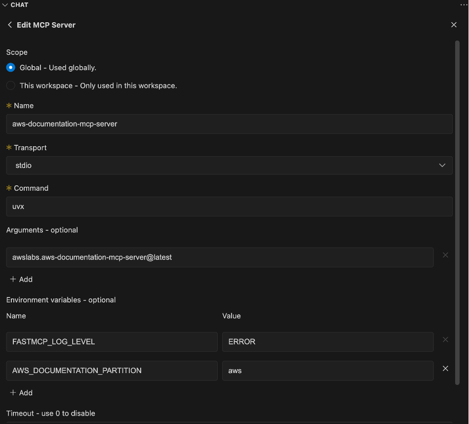 VS Code 上の Amazon Q Developer の MCP 設定 GUI で、ツール設定・サーバー設定画面を表示している様子