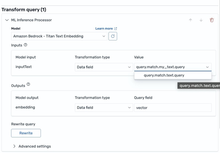 クエリベクトルを生成するための ML Inference Search Processor の設定