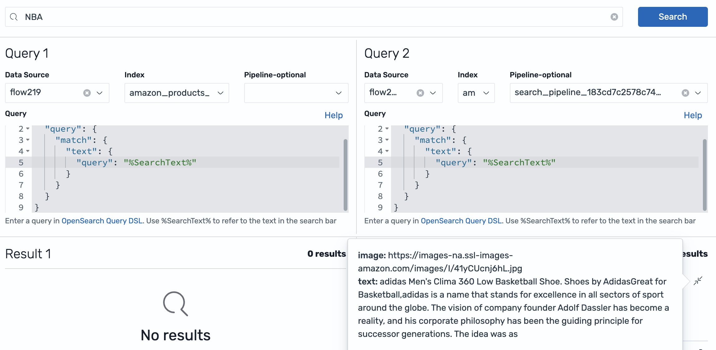 「NBA」という語句でのキーワード検索とセマンティック検索の結果