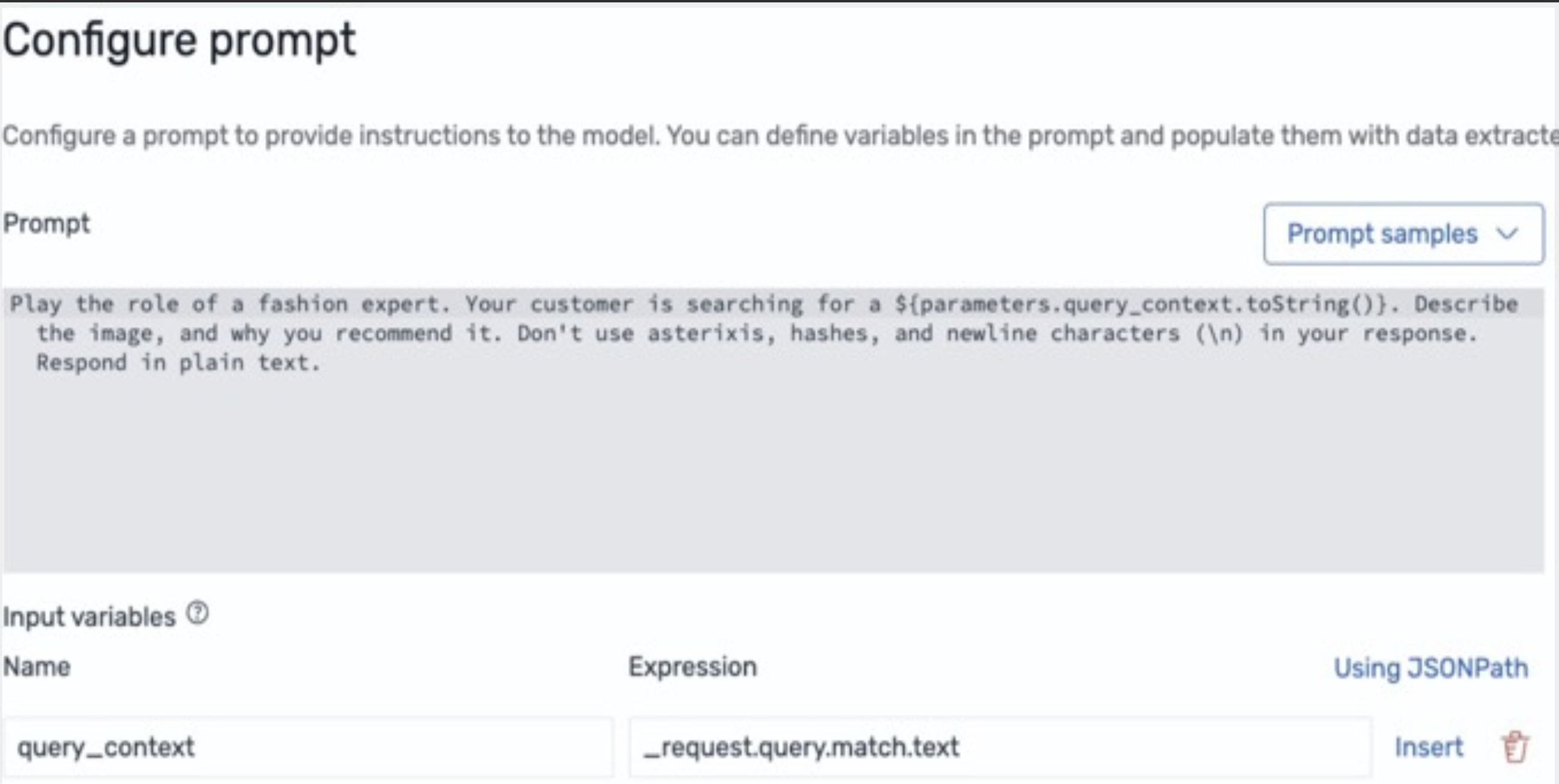 製品画像のコメントを生成するための LLM プロンプトの設定