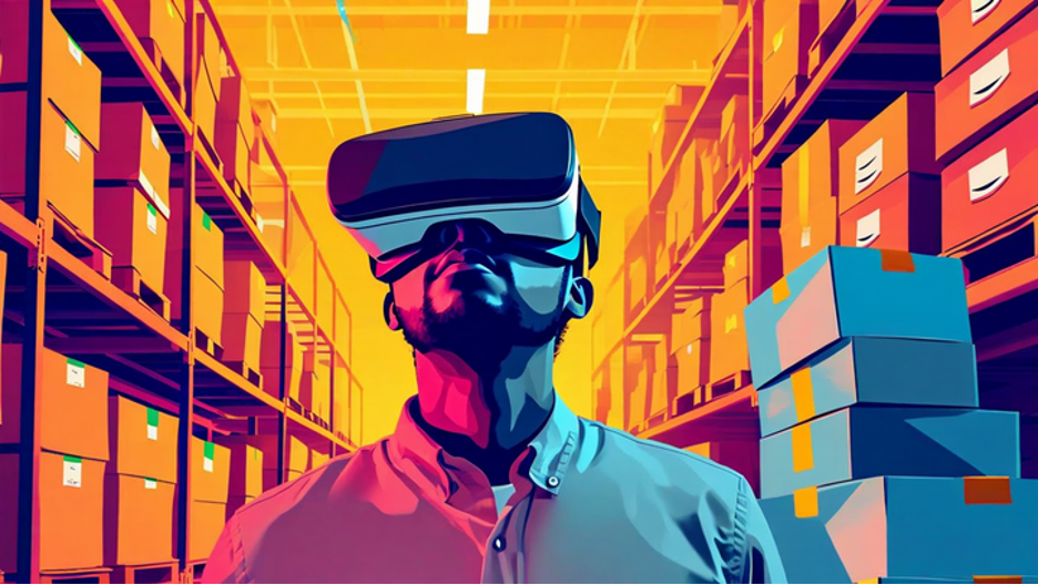 An image of an animated Amazon fullfillment center worker wearing a VR headset